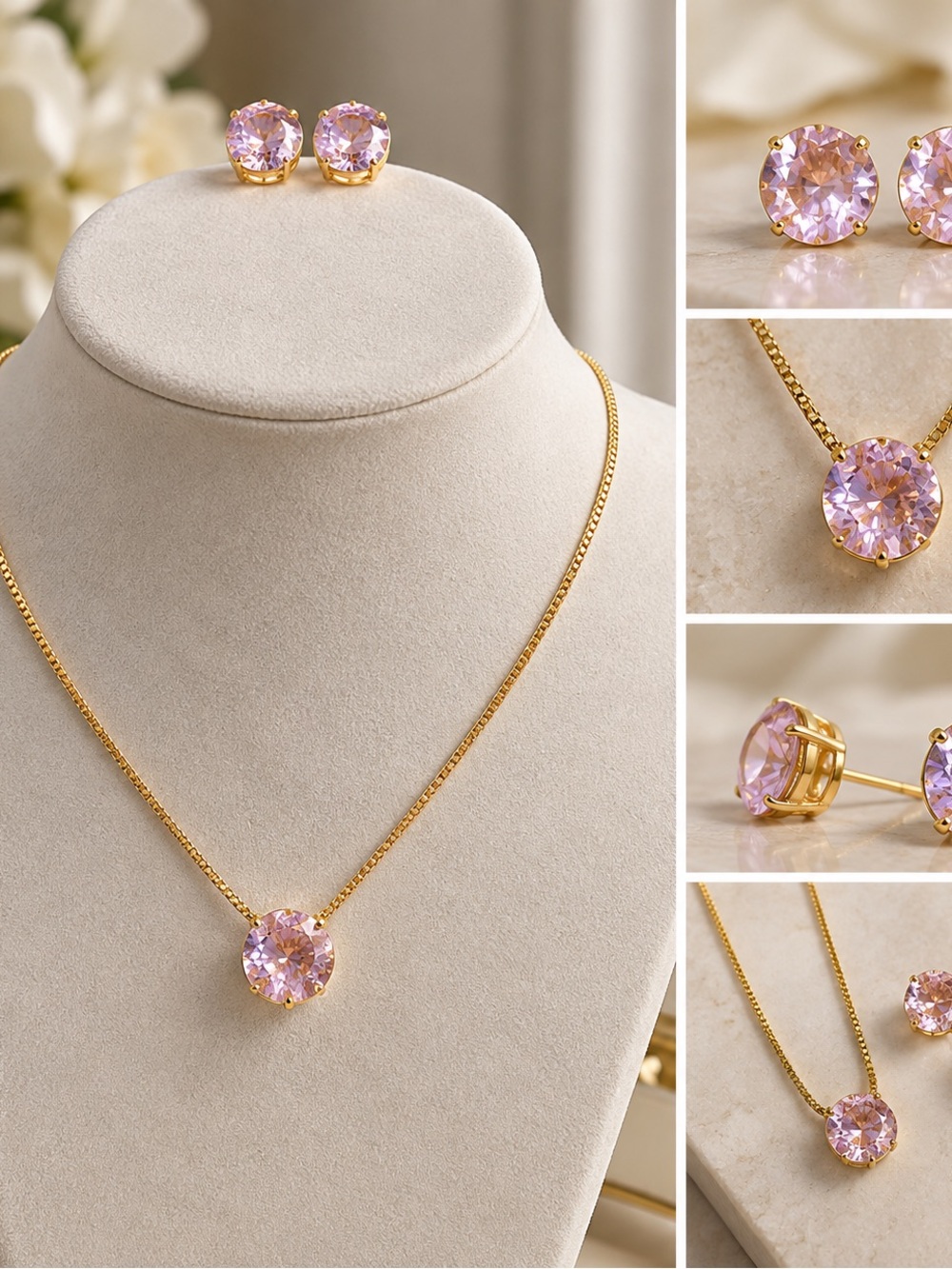Gold-Plated Pink Crystal Necklace & Stud Earrings Set
